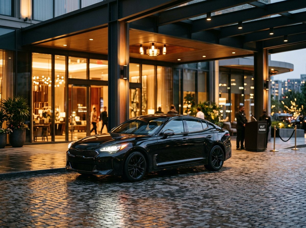 Black premium sports sedan parked under a luxury hotel porte-cochère at dusk