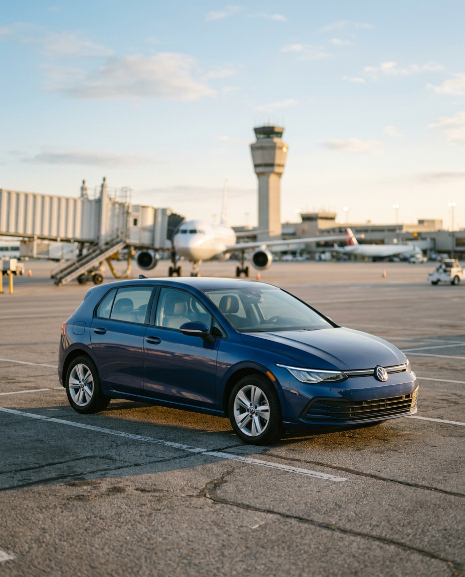 Compact rental car ready for pickup at a US airport rental lot under a clear blue sky