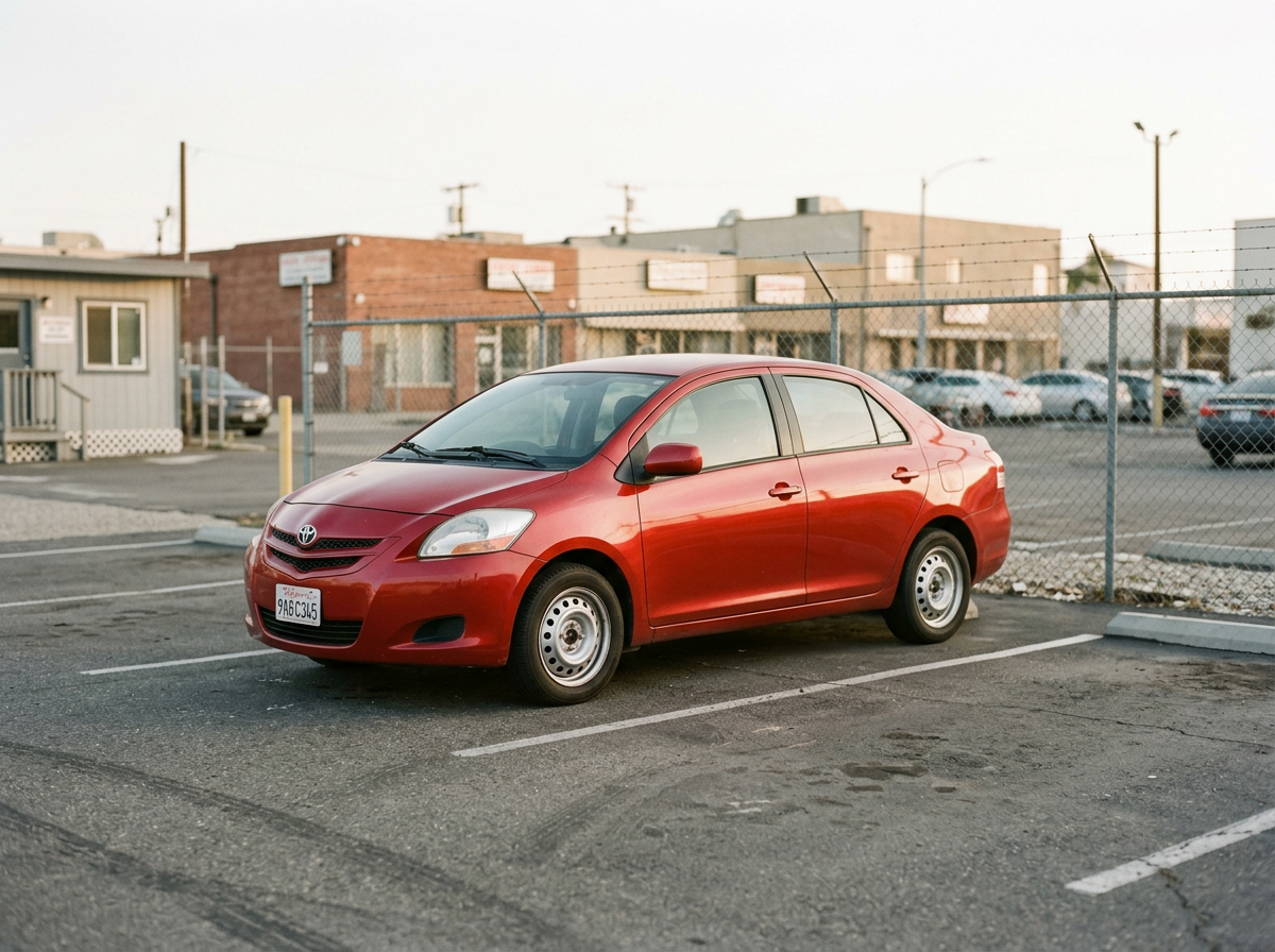Compact red 4-door economy rental car at a downtown lot