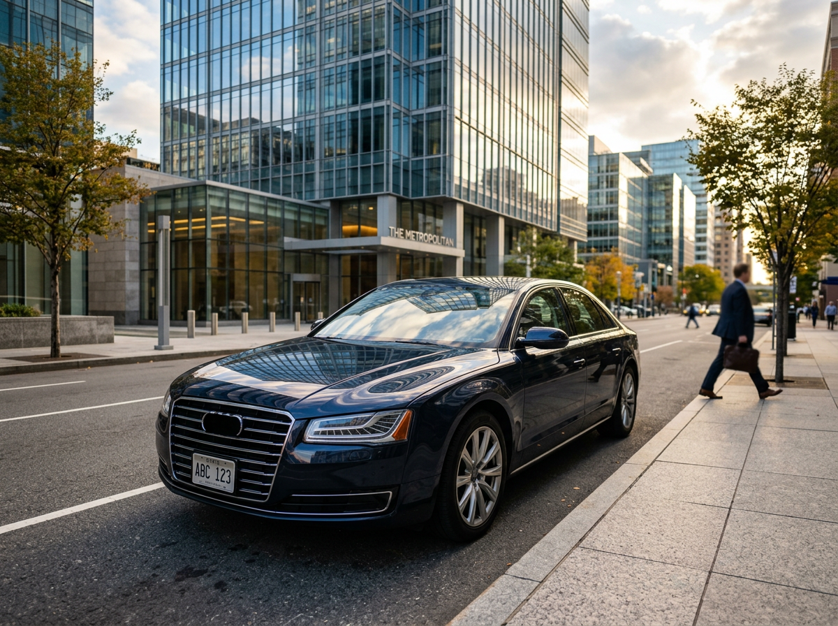 Dark navy full-size sedan parked on a clean downtown street