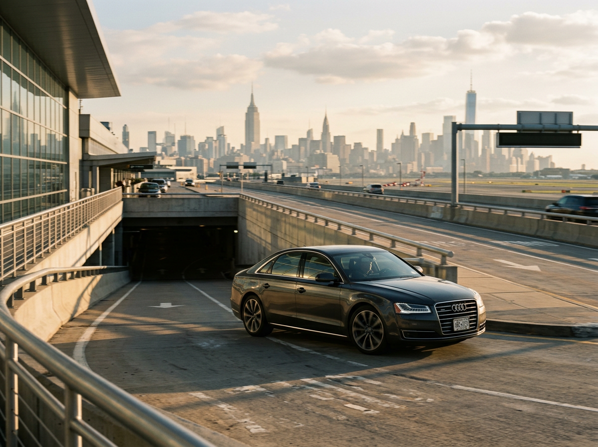 Full-size dark sedan exiting an airport rental return ramp