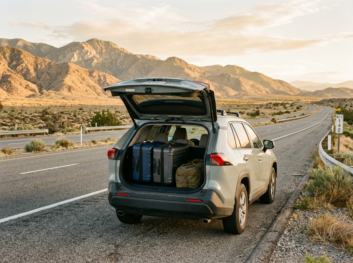 Light gray standard SUV with rear hatch open, loaded with luggage on a scenic highway