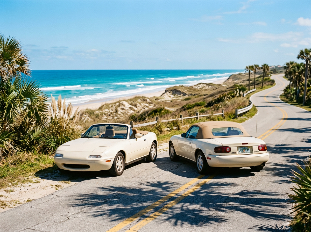 Light-colored compact convertible parked on a sunny coastal road