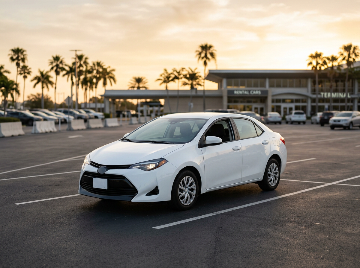 White compact sedan parked at outdoor rental lot at sunrise