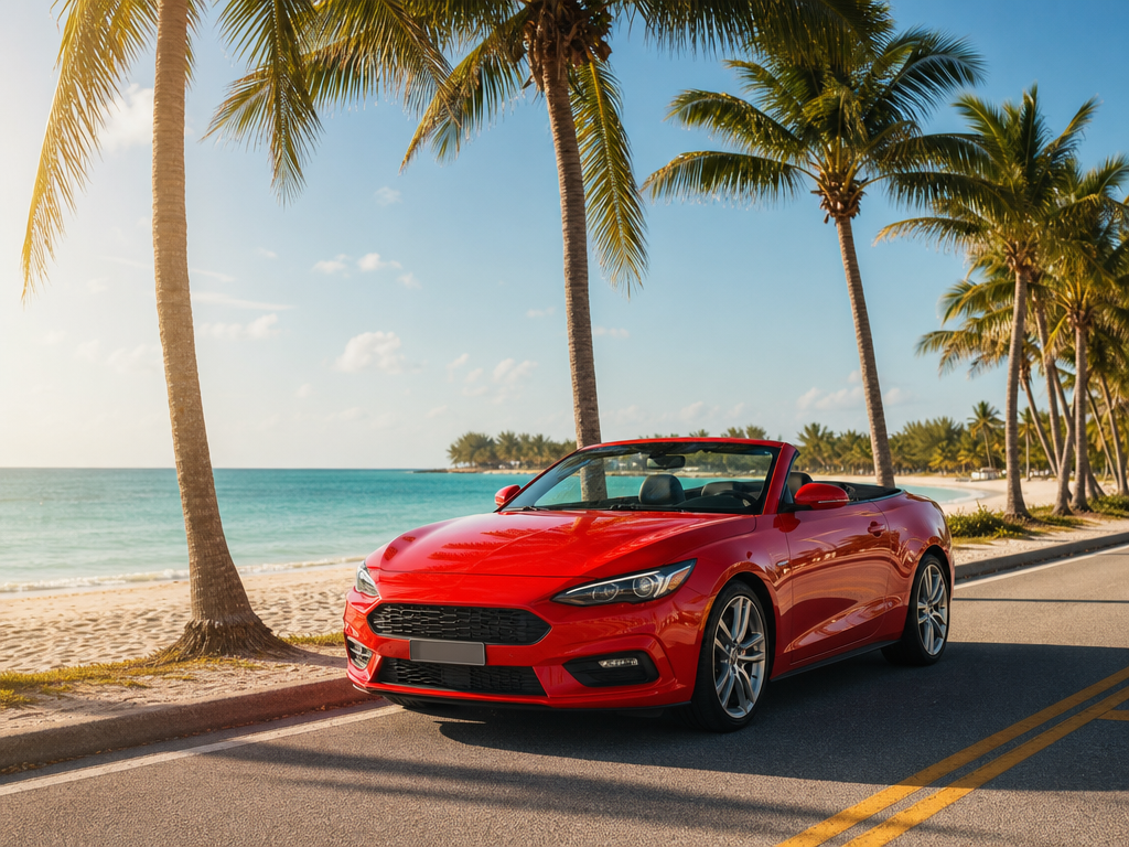 Red convertible parked next to palm trees on a beachfront highway