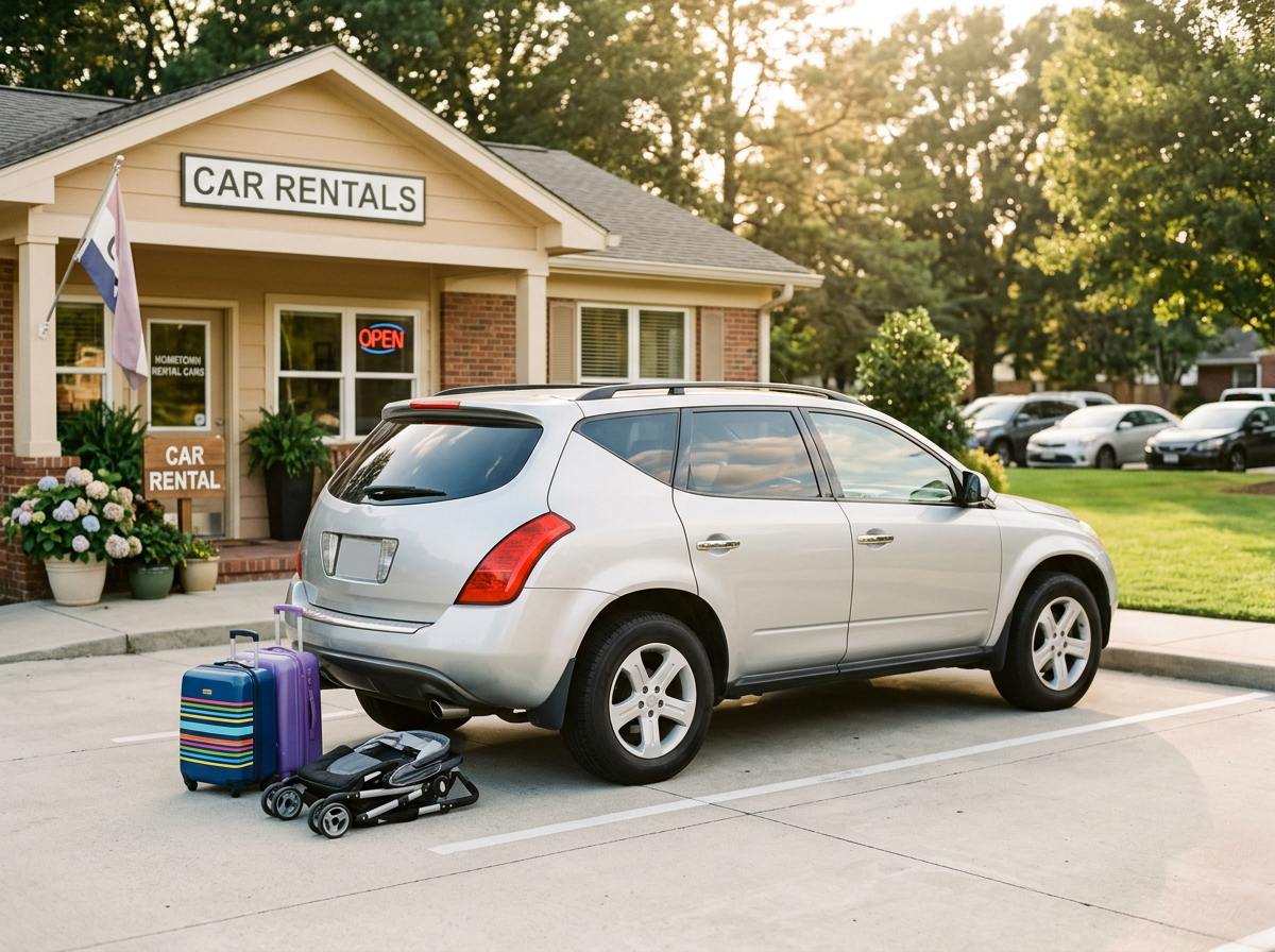Silver mid-size SUV parked outside rental office, family travel vibe