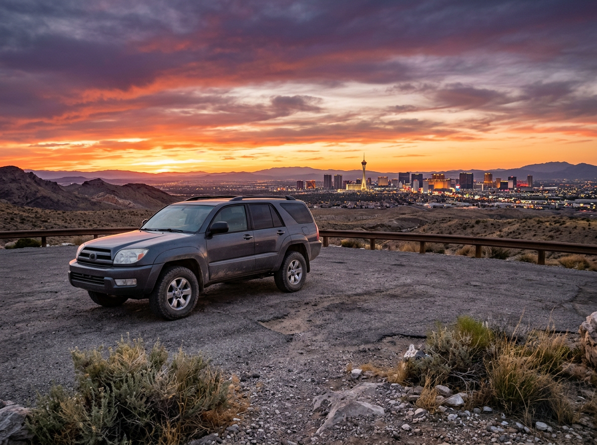 Standard SUV parked at a scenic desert overlook at sunset