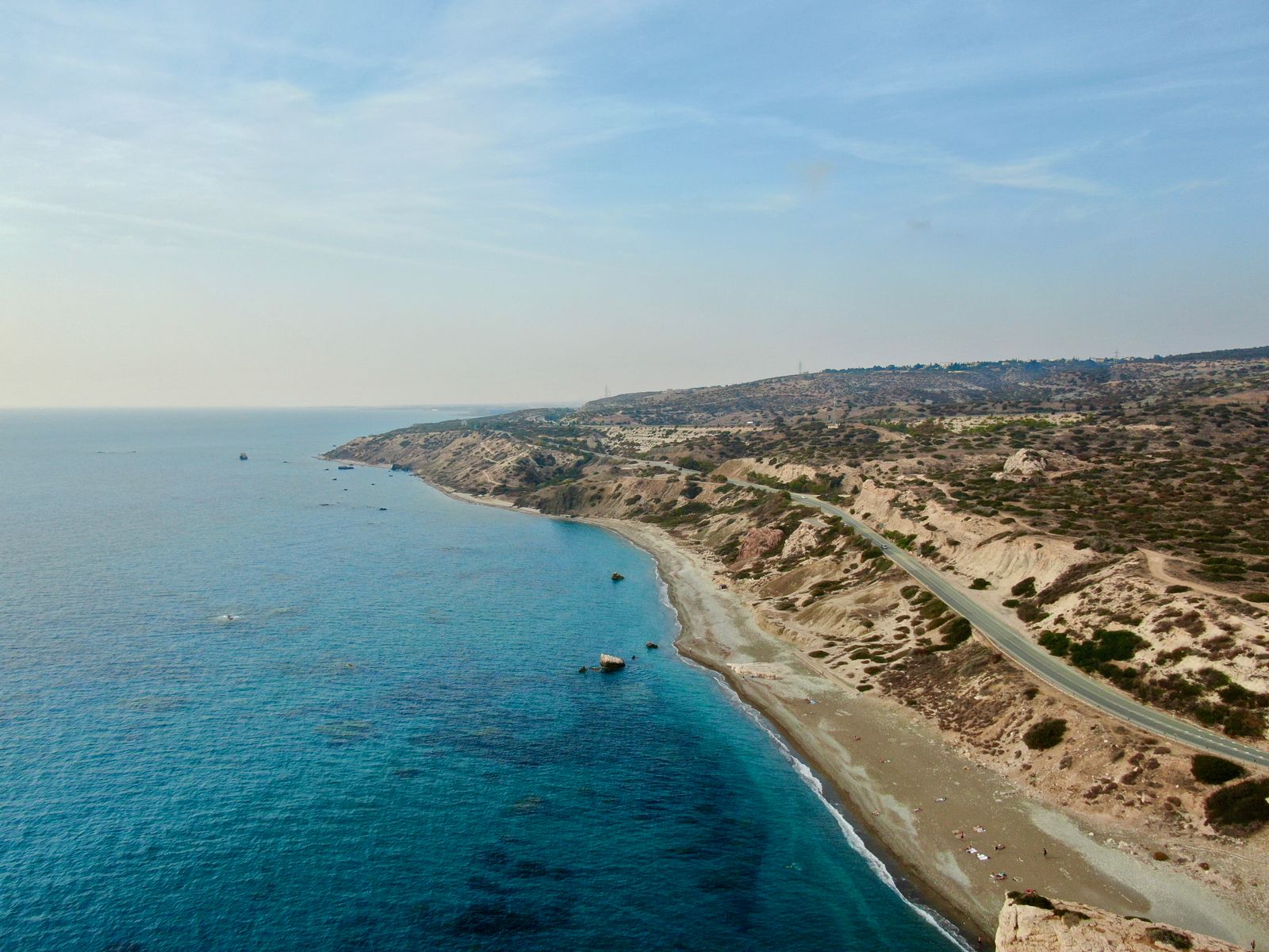 Aerial view of a coastal road along the sea in Cyprus