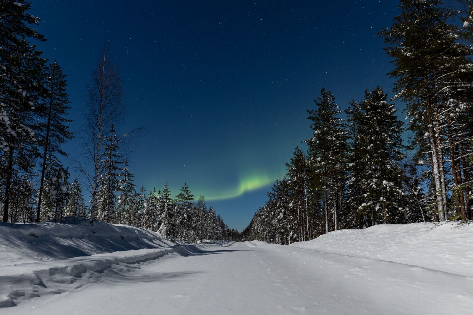 Route enneigée bordée de sapins en Laponie finlandaise sous un ciel étoilé traversé par une aurore boréale verte
